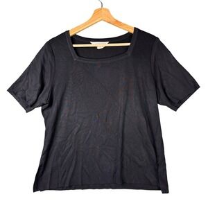 Exclusively Misook Black Square Neck Short Sleeve Knit Top Side Slits